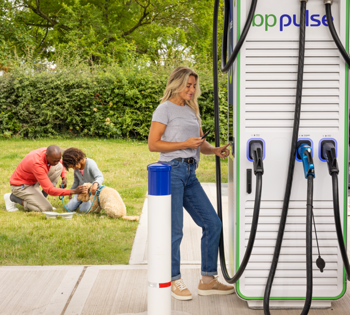 In the foreground a woman is interacting with a bp pulse charger whilst her family, a man and boy are in the background crouching dowon on the grass and petting their dog.