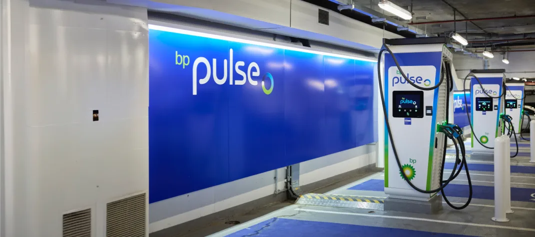 bp pulse charging station in a covered, or underground, facility. 