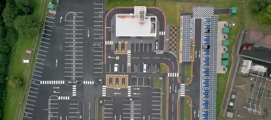 Birds eye view of the largest public EV charging hub in Birmingham. 