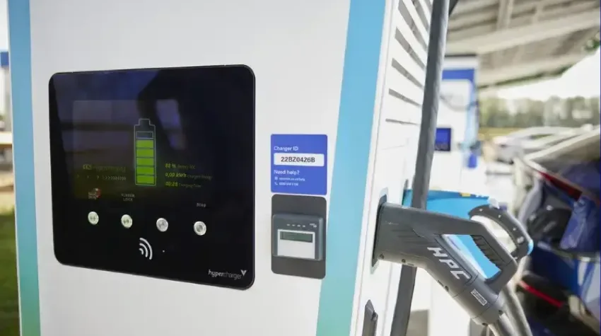 A close up of the interface on a bp pulse charging unit at a charge station.