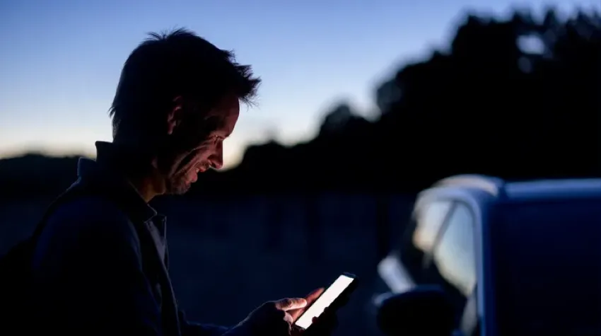 A man is outdoor in the evening, looking at his phone, while his car is parked next to him.