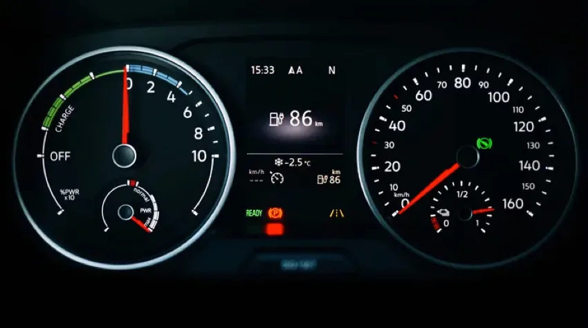 Close up of an EV Dashboard showing the speedometer and battery charge status and health.