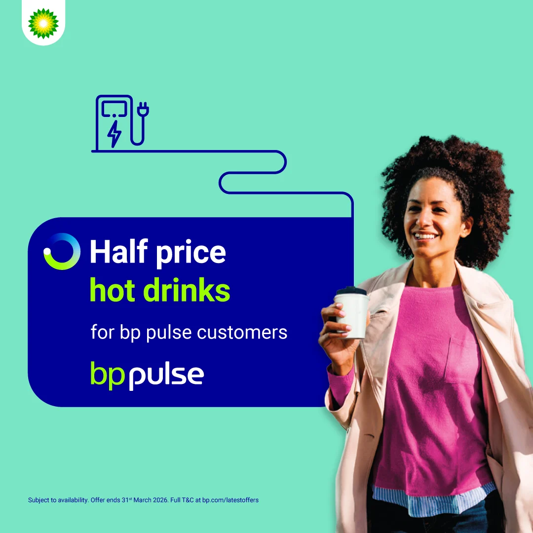 Banner detailing the bp pulse Wid Bean half price hot drinks offer. Offer ends 31.3.26. 