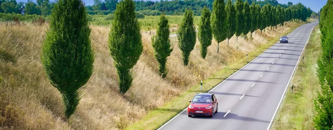 Two cars driving on an empty road lined up with trees on a bright day.