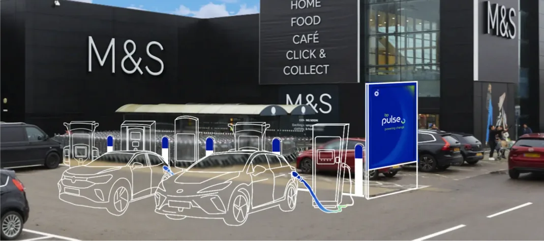 Drawings of EVs charging outside a black M&S store. 