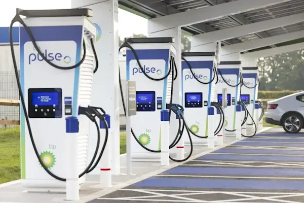 A row of bp pulse chargers stand ready to charge.