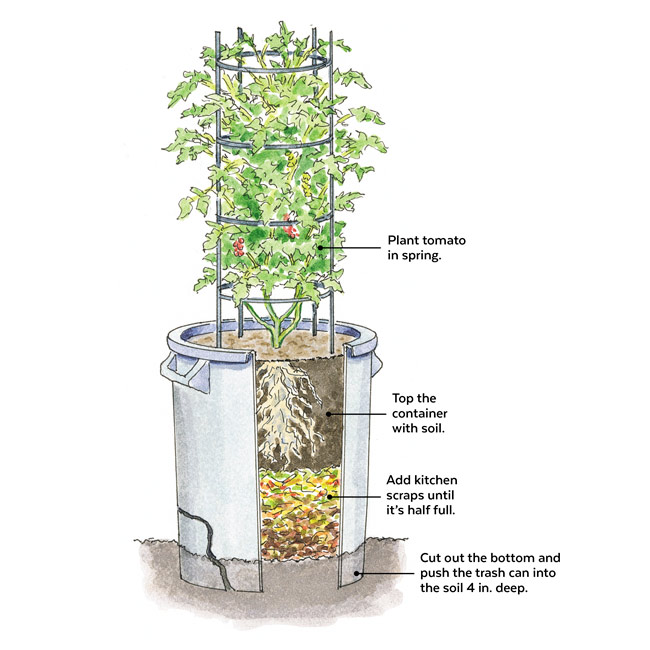 Trash can planter cutaway illustration: Push an old cracked trash can into the soil to turn it into a container and a composter.
