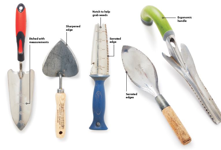 Different hand trowels COB Lead: There are many types of hand trowels available on the market with specialized features to help make gardening tasks easier. 