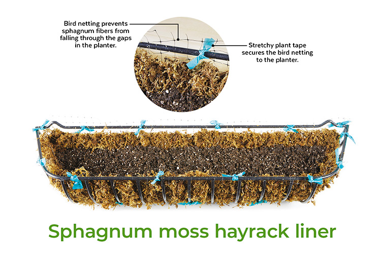 Sphagnum moss hayrack liner with bird netting: Tie bird or deer netting to the inside of the hayrack to keep the sphagnum moss from slipping through the wide gaps in the planter. 