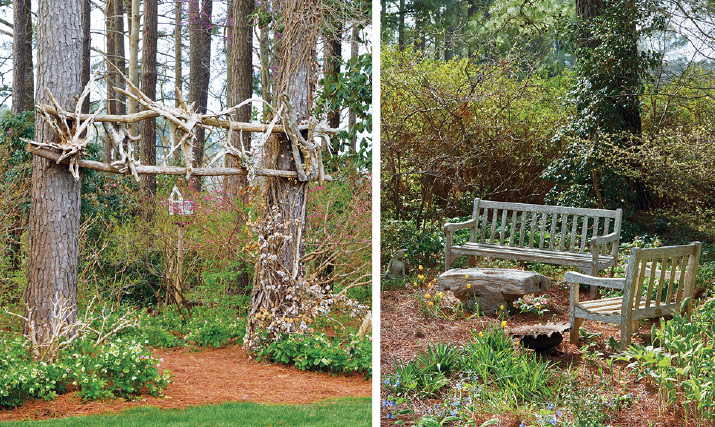 Stumpery and garden benches Cam Williams garden: Inspired by a visit to Highgrove Gardens in Britain and the stumpery there, Cam decided to use old stumps with roots attached as an arch over the path (left). Surprise seating areas like this one can be found around the bend of many paths (right).