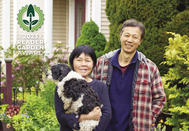 174-FG-reader-garden-winners-portrait: Tingshu Hu & Philip Zhao (and dog, Luke), 2023 Garden Gate Reader Garden Award Winners.