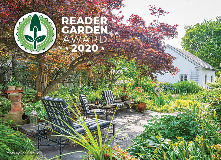 Anne Barone garden patio: Early in the transformation of her zone 7 Baltimore garden, Anne Barone installed a natural stone retaining wall and patio, now a perfect perch for viewing the pollinator garden and for appreciating her Garden Goddess statue.