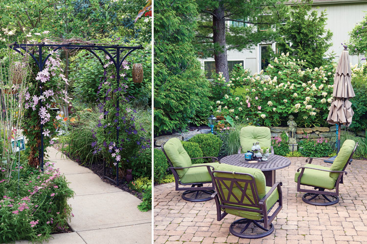 Bonnie Duma arbor and brick patio: Walk through the arbor covered with two clematis vines to enter the side-yard garden. This private patio is a perfect spot for gathering around the tabletop firepit and great conversation.