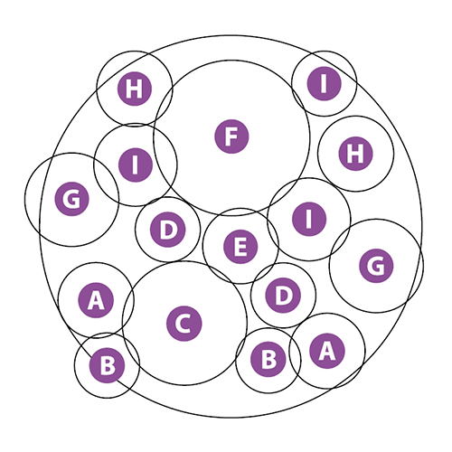 Planting diagram for container with hydrangea, pussy willow, hyacinth, pansy, sedum and coral bells