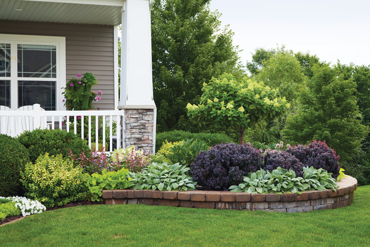 Ludlow curb appeal front bed: Wraparound garden  A professionally installed retaining wall levels up a slight slope and creates this 30-foot-long bed curving around the front porch and softens the lines of the house. At about 12 inches, the ledge is wide enough for sitting or kneeling while working in the bed.