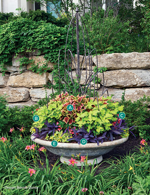 Bonnie Duma upcycled fountain container planting: This fountain base makes for a perfect focal point as a container garden in Bonnie's front yard.