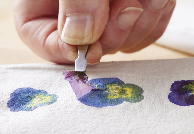 Flower pounding on fabric removing hammered flowers: Peel the pounded flower petals and plant material from the fabric using tweezers.