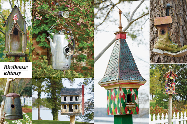 birdhouse collage cam williams: There is a large collection of unique birdhouses sprinkled throughout the garden.