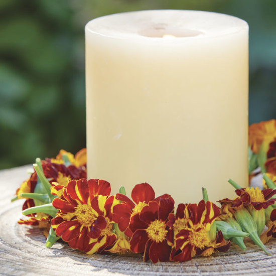 Marigold garland candle ring: Try adding a string of marigold garland around the base of a candle for a fall accent.