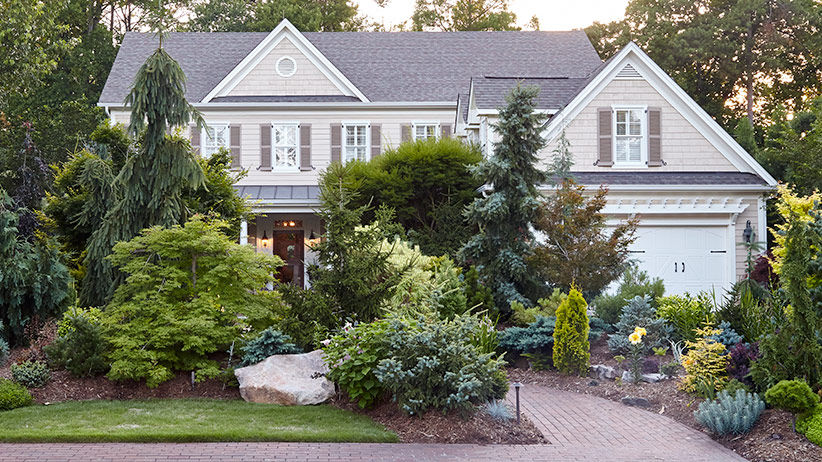 designing-with-conifers-pv2:A variety of conifer species and cultivars of different sizes, textures and colors combine for a front-yard display with year-round interest.