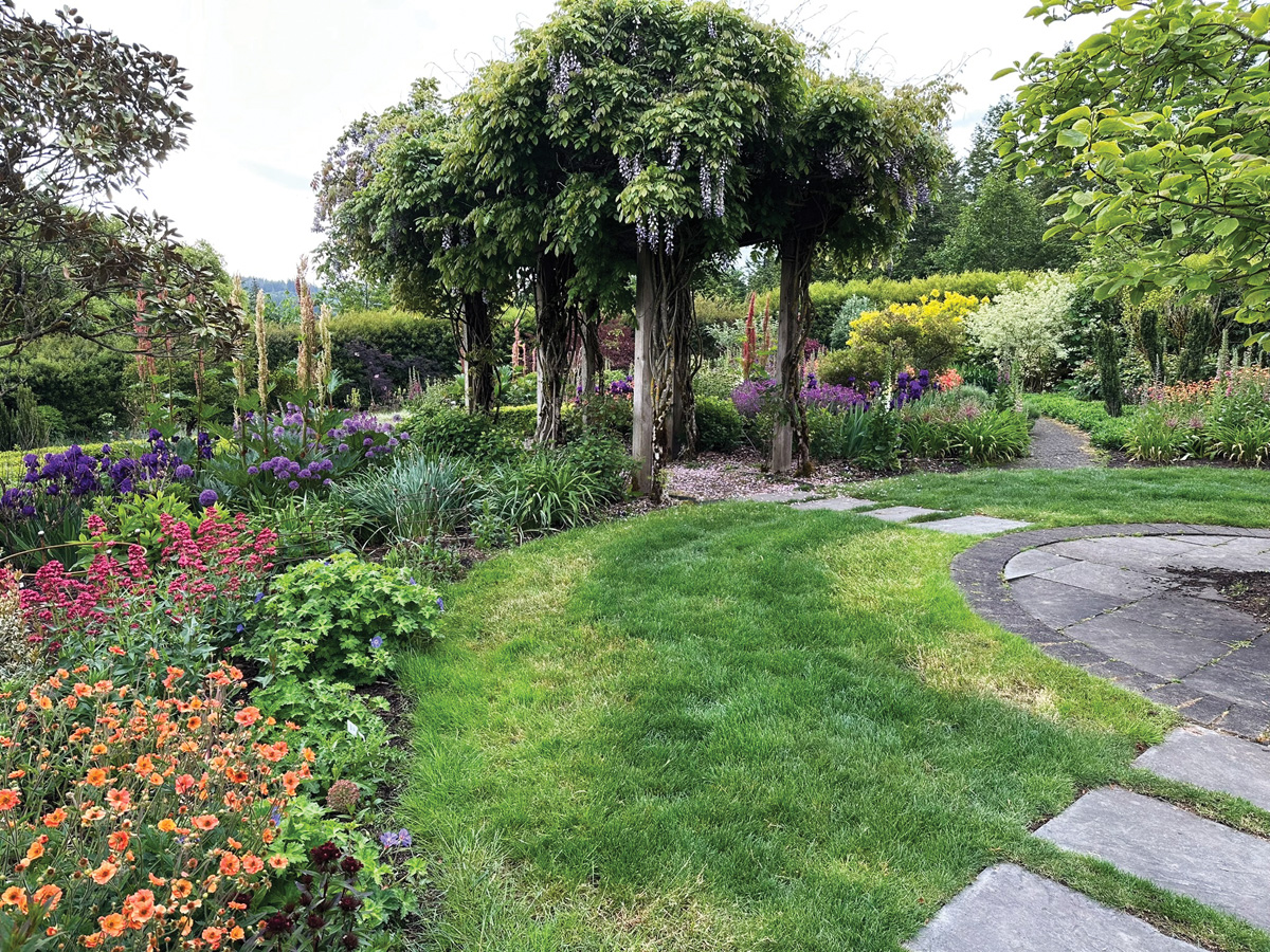 Spring Geum centranthus allium iris echium wisteria courtesy of Lisa Graff: The wisteria-draped pergola creates an eye-catching entry for one of the borders, especially in spring, shown above. Walking the path underneath this huge vine creates anticipation as more of the planting is revealed.