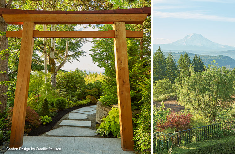 Tori Gate and view of Mt. Rainier in WA: Dirk built the Torii gate of Alaskan yellow cedar, which is super resilient in all kinds of weather, and sealed with tinted timber oil.