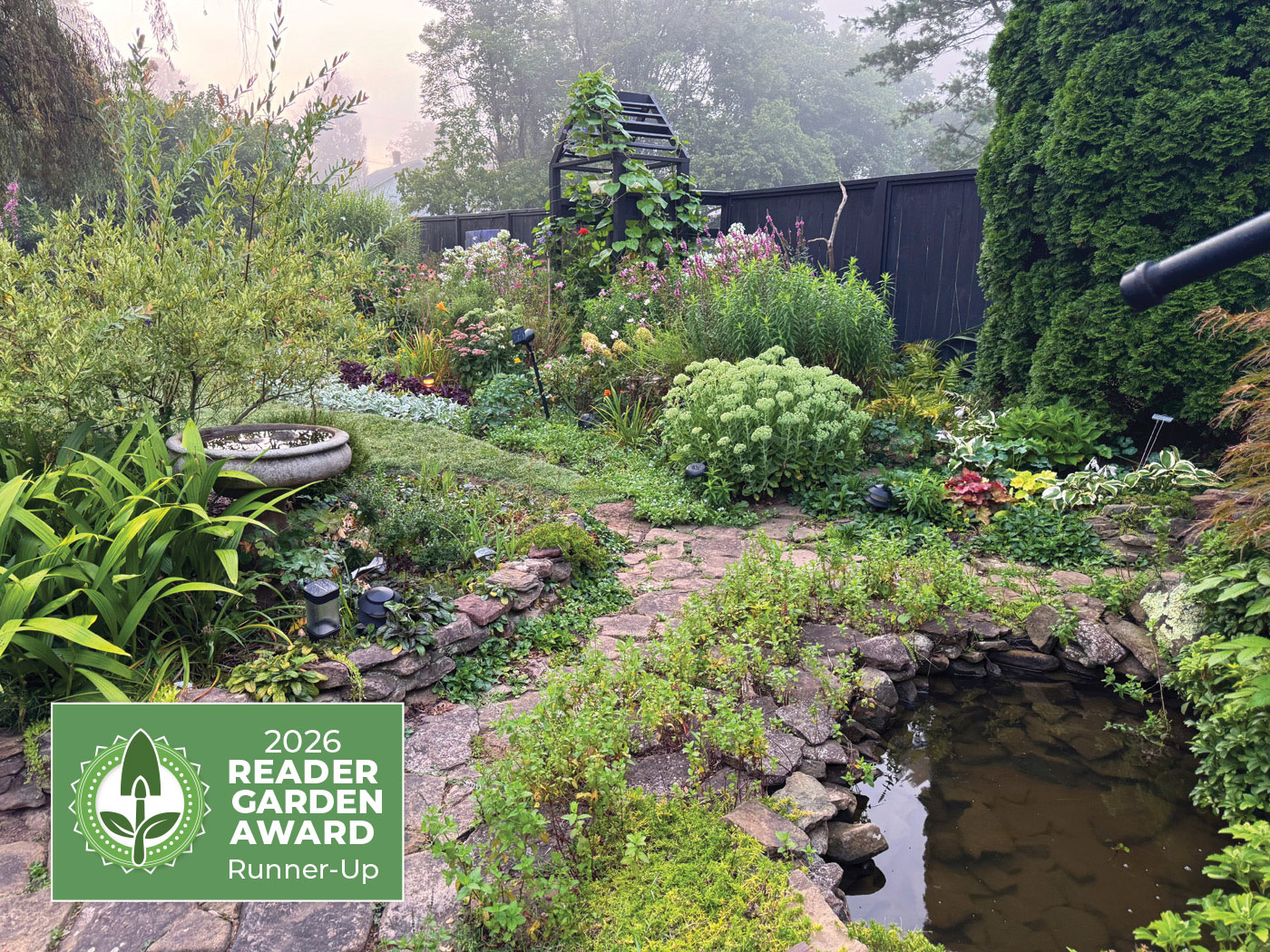 GG188 RGA runner-up-angotti-lead-logo: This colorful cottage-style garden border is full of plants that can handle getting drenched by sun in summer.