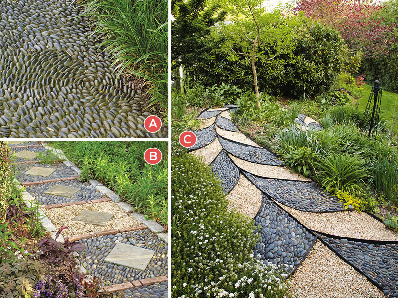 mosaic stepper collage: There are many different ways to design with mexican beach pebbles in a pathway.