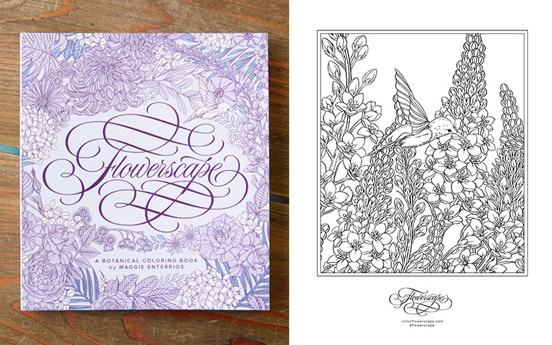 Flowerscape coloring book by Maggie Enterrios: Flowerscape, A Botanical Coloring Book by Maggie Enterrios, Page Street Publishing Co. 2021.