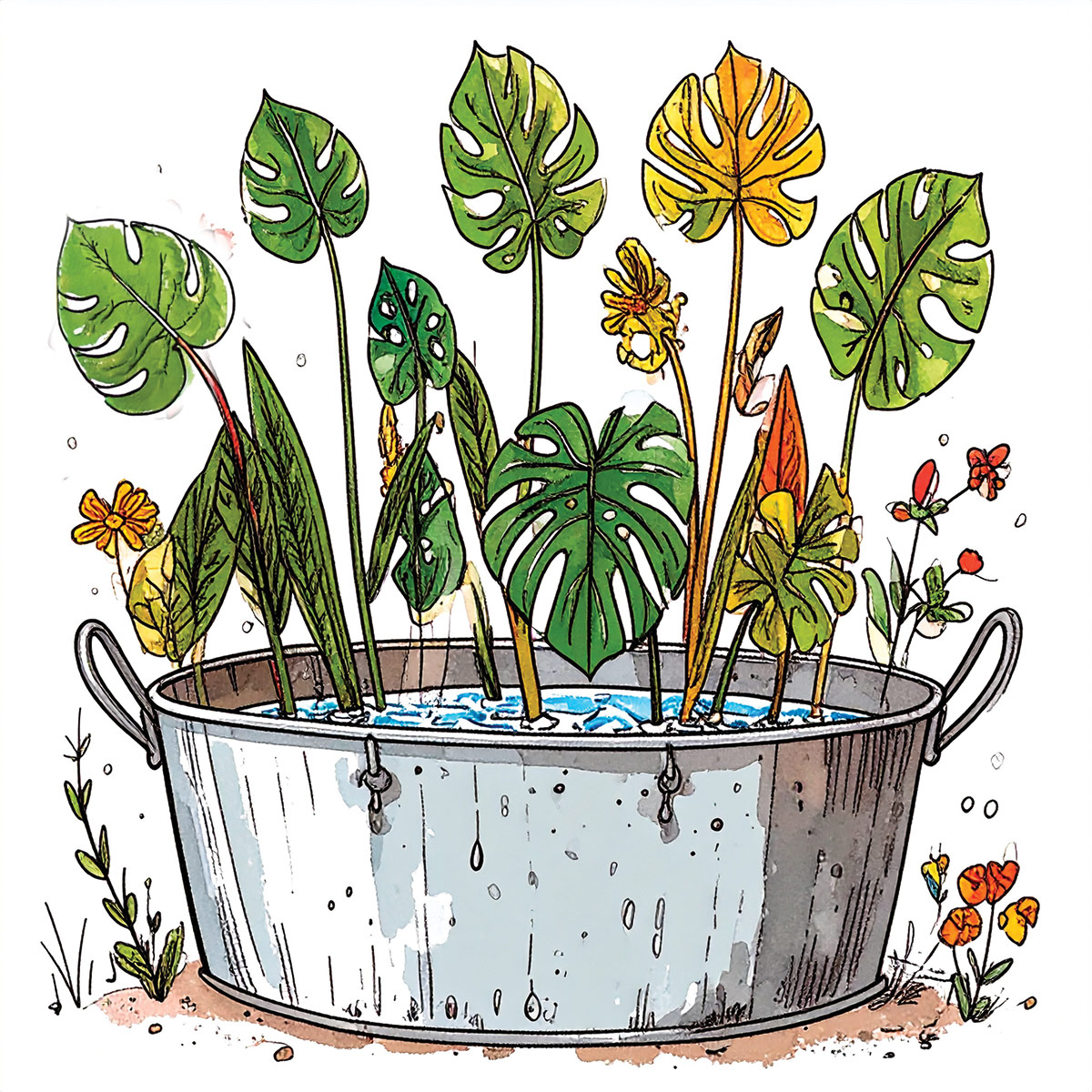 Debugging monstera plants in a tub of water illustration