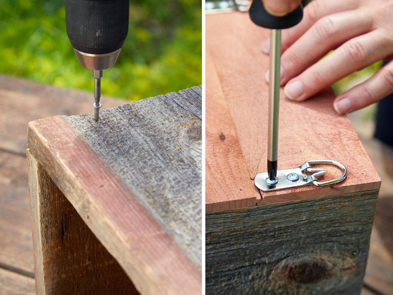 DIY bee house assembly:  Cut four pieces from a 1×8 board to make the box. This is a reclaimed barn board, but cedar wears well, too. Put them together with a couple of trim screws on each side and attach a back