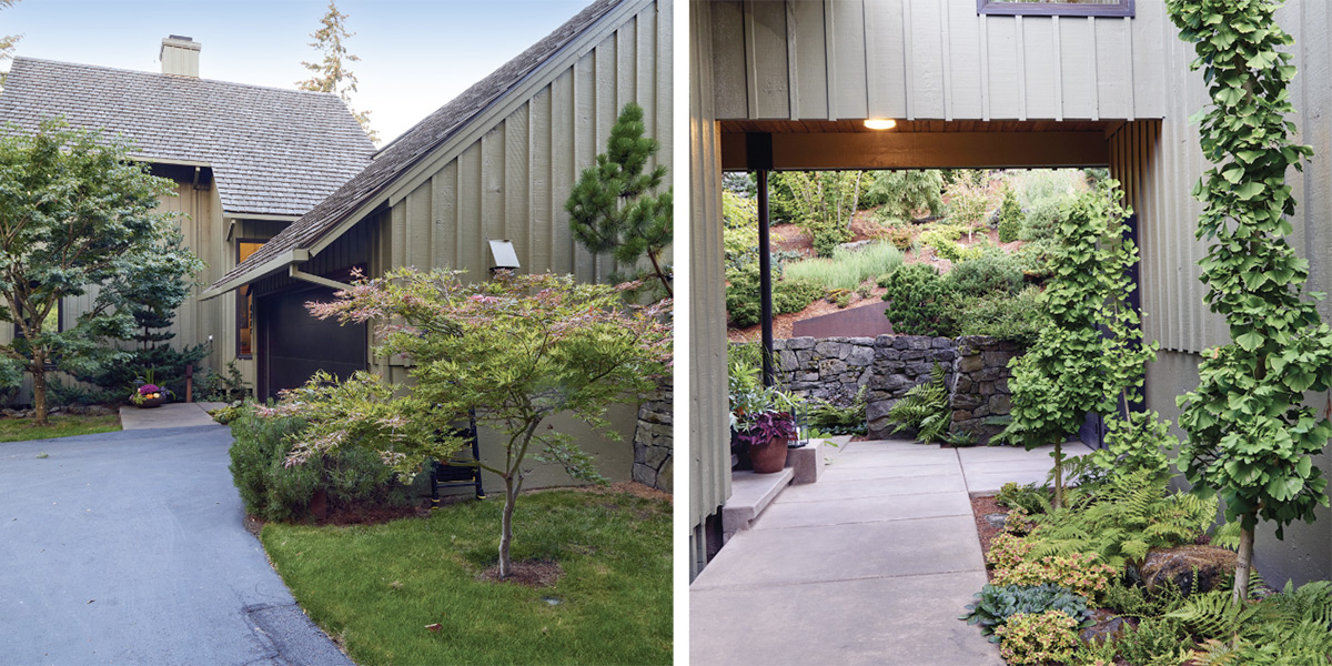 rozenboom-entry-collage: Big project, beautiful results. Gene’s house sits midway up a slope and is accessed by the steep driveway at left. Just past the garage, you reach the breezeway that connects to the backyard at right, where the stone retaining wall holds the slope and features more plants. 
 