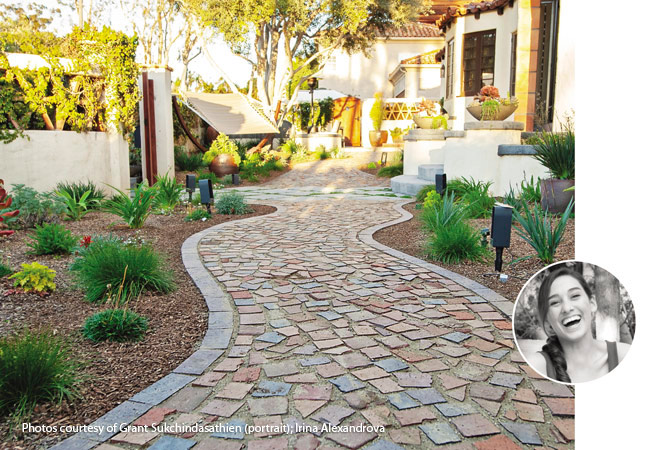 Sara Bendrick portrait and garden pathway: This mosaic path adds an extra
detail that you might be more likely to notice in a small space.