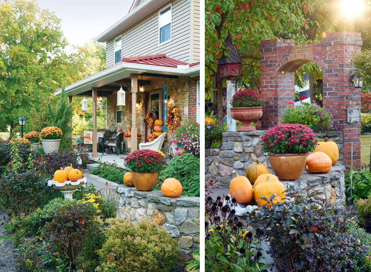 Light fall garden front entry and brick arbor: The low walls at the front of the house above are made of discarded stone from the nearby farm where Jim grew up. The bricks for the arch were leftover after building the house.