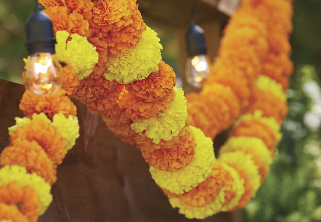 Marigold garland hanging outside with patio lights: A colorful marigold garland is a great addition to an outdoor pergola paired with string lights.