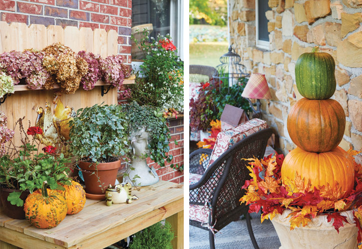 Fall potting bench and pumpkin topiary: Set the mood for fall by tucking smaller pumpkins throughout the garden or carefully craft a pumpkin topiary.