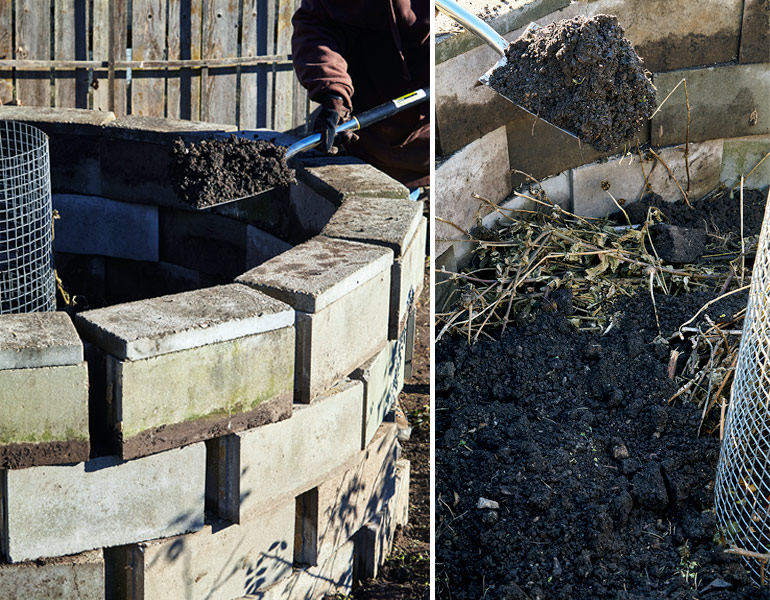 Filling your keyhole garden bed: The higher the sidewalls the harder it is to fill. You could add some soil as you construct, then smooth it out and top it off after the walls are finished.