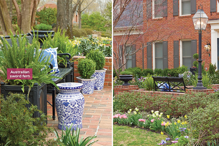 Renee Minirth hardscaping: Classic wrought-iron furniture and urns blend in
perfectly with the traditional brick hardscaping and crisp edges in the rest of this front yard. ‘Kimberly Queen’ Australian sword ferns (Nephrolepis obliterata) are a Southern staple and add interest to the seating area. 