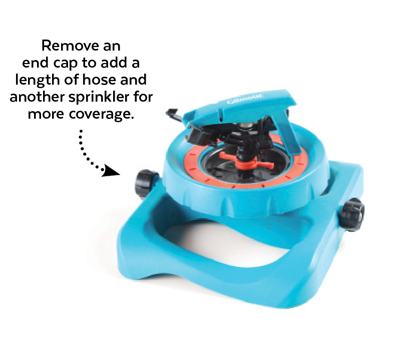 Gilmour sprinkler: Remove an end cap to add a length of hose and another sprinkler for more coverage.