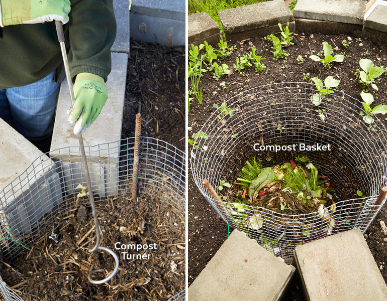 Compost basket in the center of the keyhole garden: Use a compost turner to mix the compost occasionally during the growing season.