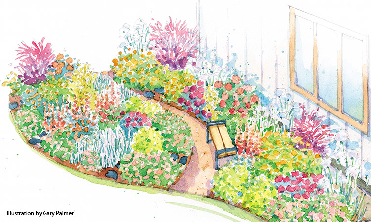 cut flower garden illustration by Gary Palmer: A bench along the path offers a spot to take a breather and adds structure to the garden. 