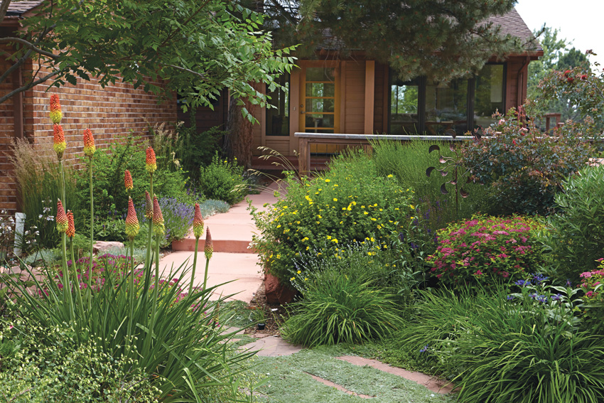 Torch lily lead 'Corallina' along front path: ‘Corallina’ torch lily’s eye-catching flower shape and bright color draw visitors along the path to the patio’s entry. The sunny spot ensures there are plenty of blooms, and this perennial doesn’t mind reflected heat from the stone walkway. 