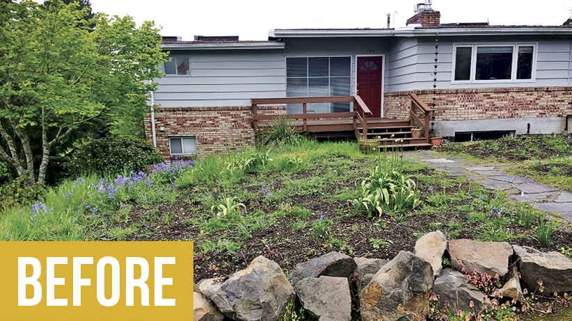 mid-century-makeover-before: Something special was created from this plain one-story home with a neglected front yard.