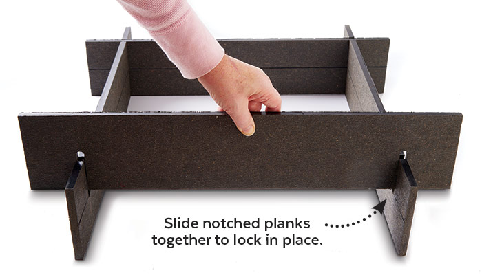 Vioscapes raised garden bed assemble: Slide notched planks together to lock in place, no tools needed!