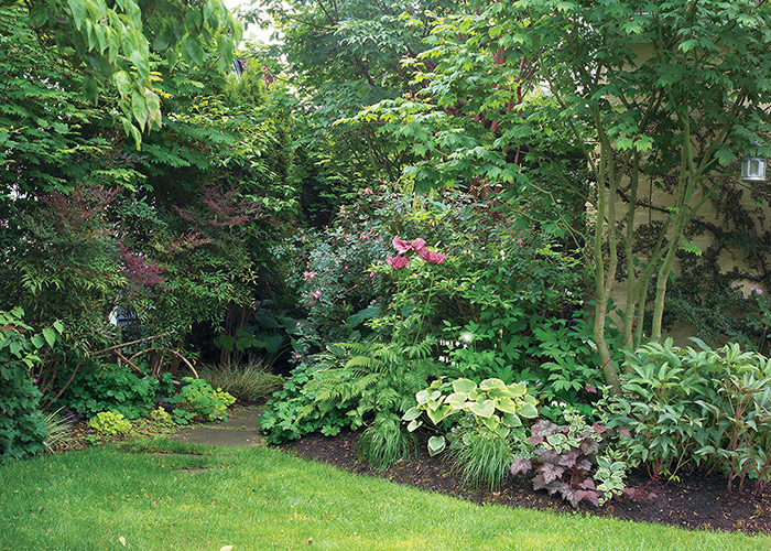 Koelink garden curved bed: Use curves to draw visitors through your garden. The lines of these beds pull you toward the path to the backyard.