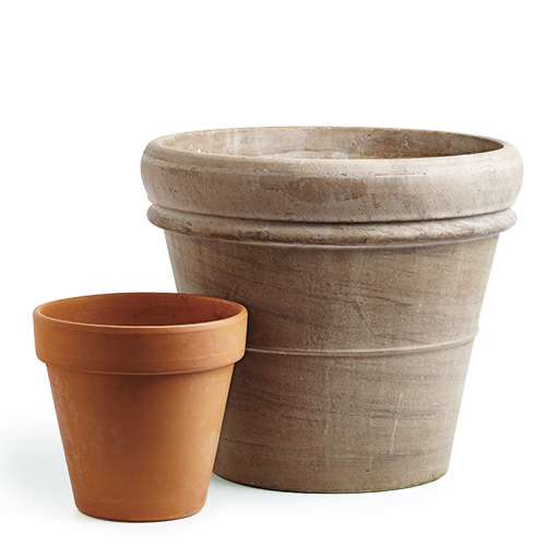 terracotta-garden-containers: You'll recognize these popular clay containers. Many gardeners have gardened in a terra-cotta container at some point.