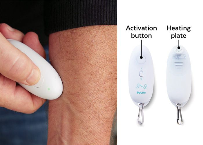 Beurer Insect Bite Relief Device: When in use, the blue light changes to green after 
3 seconds when the treatment is done.