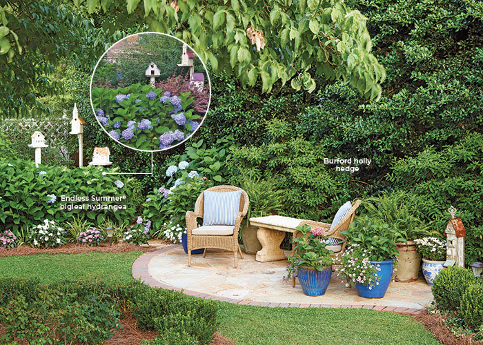 seating with Endless Summer hydrangeas and birdhouses: A high school friend of Carole’s built her a collection of white birdhouses several years ago, and this unique grouping behind the bigleaf hydrangeas is one of several groupings scattered throughout the garden.