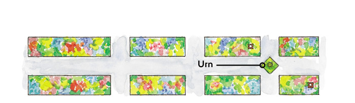 Raised garden beds illustration:Eight stone raised garden beds vary in length from 12 to 25 feet long.