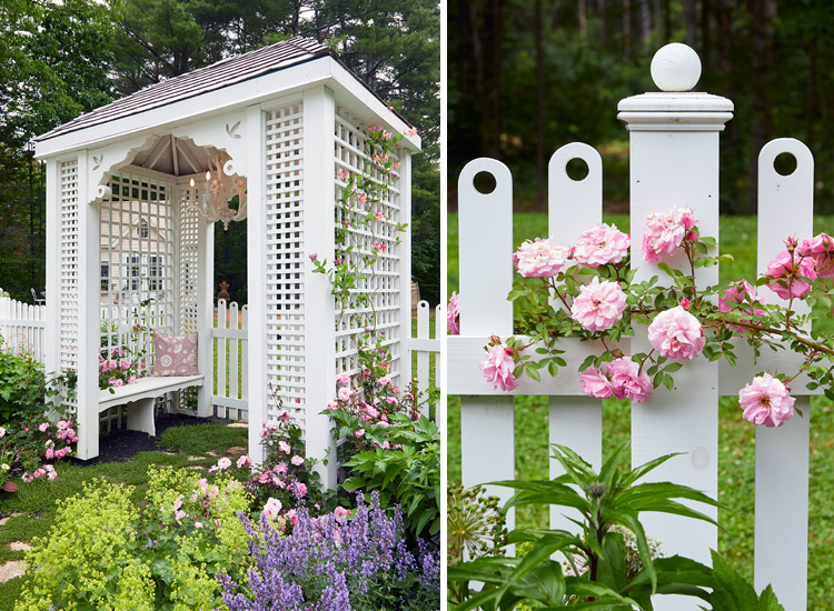 Clark Cottage Garden picket fence detail and arbor: This 8½ x 5½-foot arbor's two built-in benches are just the size to sit with a friend.